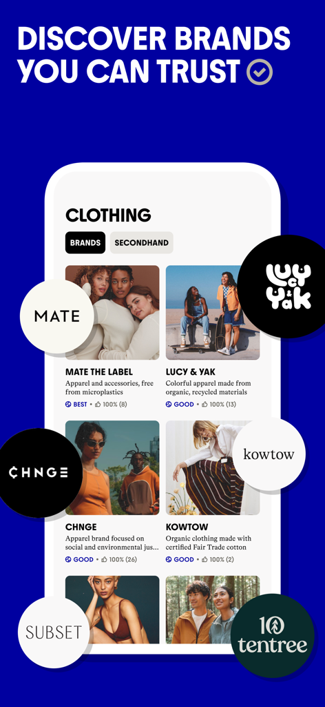 Commons: Make Your Money Count - A mobile app screen from Commons titled Discover Brands You Can Trust displaying ethical clothing brands with their sustainability ratings