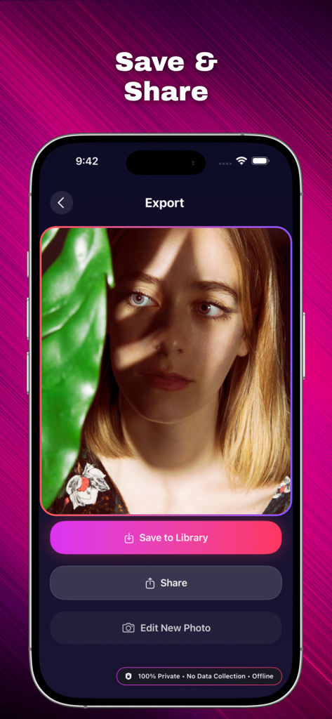 AI PHOTO EDITOR++++ - Pantalla de exportación de AI Photo Editor mostrando opciones para guardar en la biblioteca y compartir un retrato editado