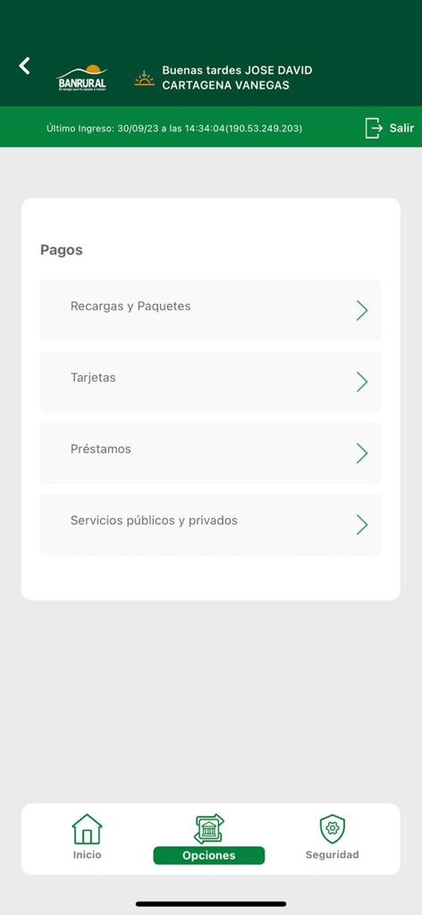 Banrural Móvil Honduras - Banrural Movil Honduras app screen displaying payment options for services, top-ups, and loans