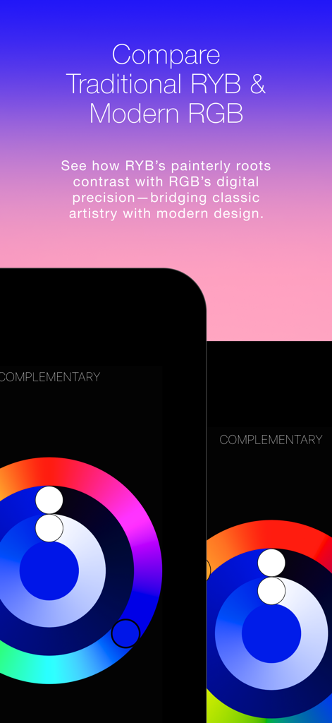 Color Wheel + Osmosi AI - デザインのための伝統的なRYBとモダンなRGBカラーホイールの並列比較。