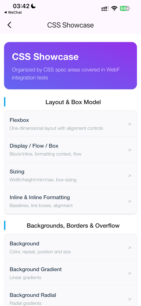 WebF Go app screen displaying a CSS Showcase with layout and box model features for developers
