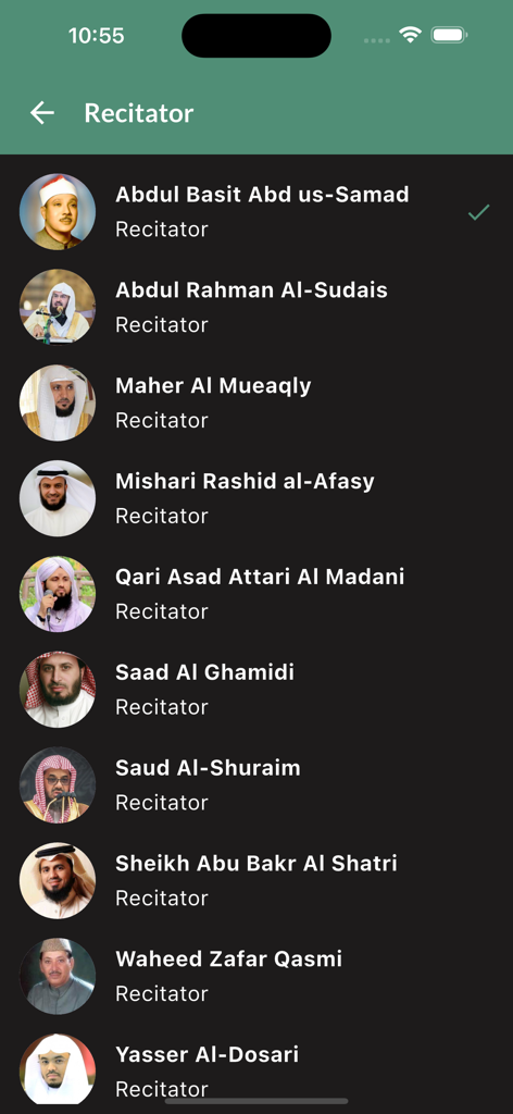 A list of famous Quran reciters with their names and photos in the MP3 Quran app.