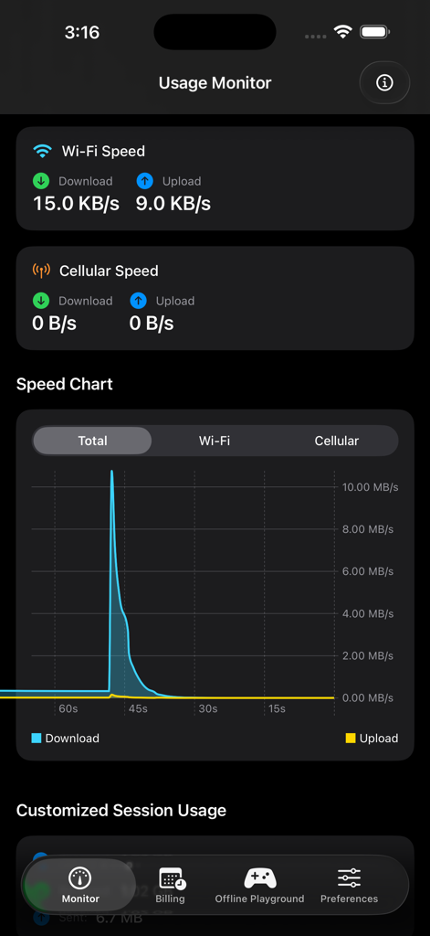 DataWidget App-Oberfläche zur Überwachung der Echtzeit-WLAN- und Mobilfunkgeschwindigkeitsmessung mit einem visuellen Geschwindigkeitsprofil