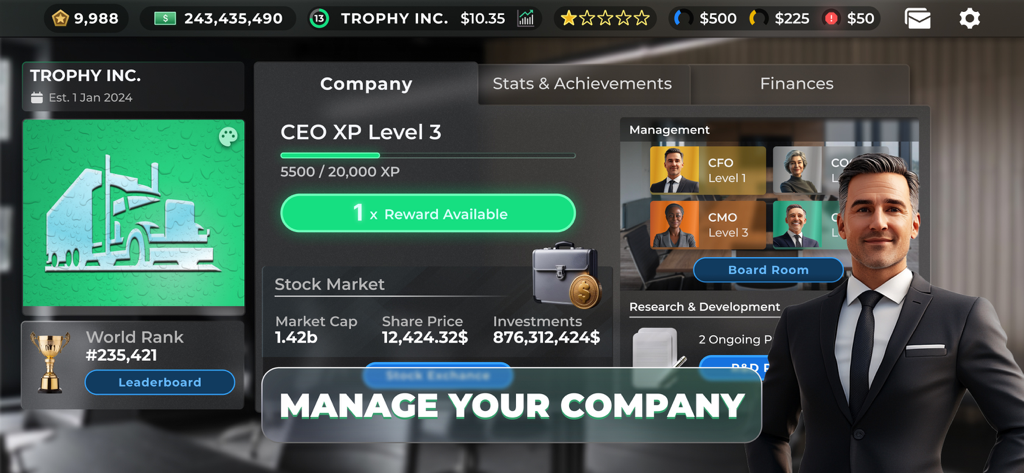 Interfaz de gestión del CEO en Truck Manager 2026 mostrando estadísticas de la empresa y el equipo ejecutivo