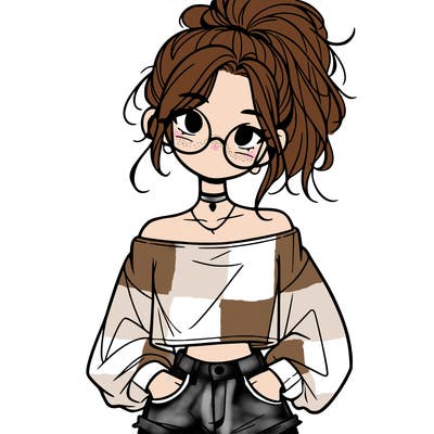 girl with a messy ponytail glasses a baggy crop top and jean shorts