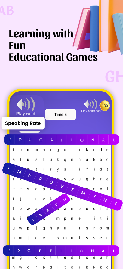 Spelling Homework Times Tables - A word search puzzle in an educational app showing the words improvement and learn highlighted.