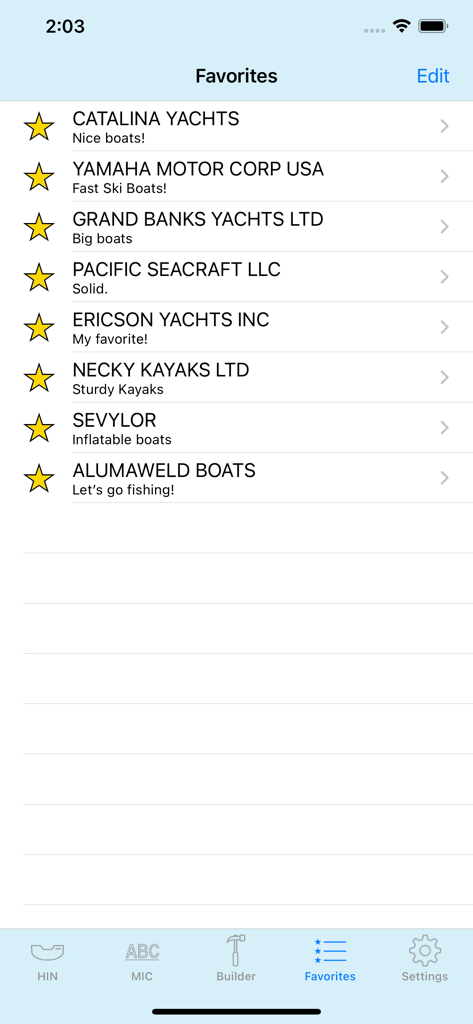 HIN Search - Boat HIN Decoder - Screenshot of the Favorites screen in the HIN Search app showing a list of saved boat manufacturers with personal notes