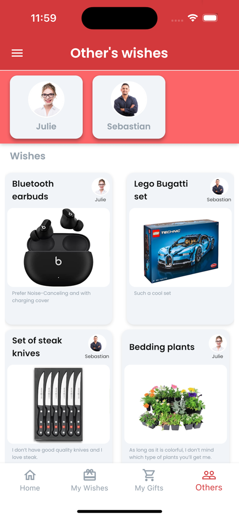 The iWish app interface displaying a shared wishlist with gift ideas from friends like earbuds and a Lego set.