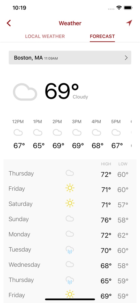 Tela de previsão do tempo para Boston, MA, no aplicativo móvel Boston.com, mostrando a temperatura atual e a perspectiva semanal
