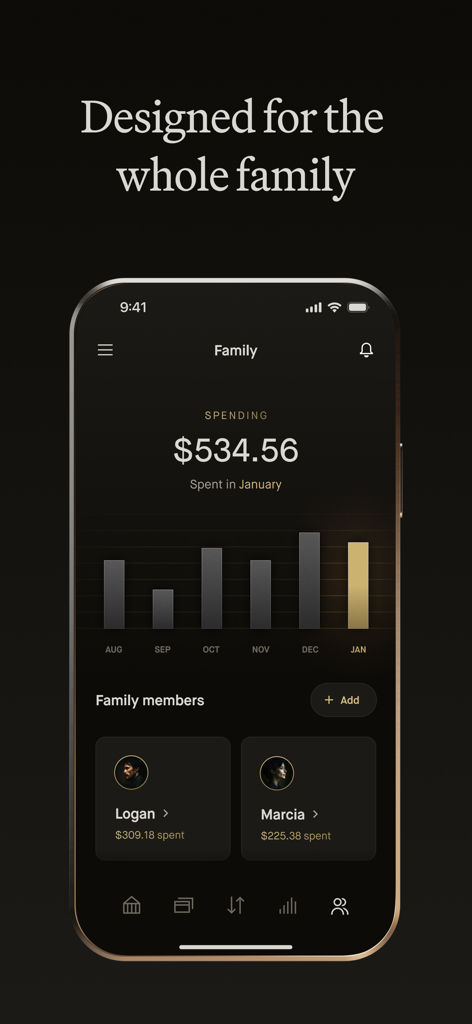 Robinhood Bankingアプリのインターフェイスには、個人メンバーの合計と月次棒グラフを備えた家族の支出概要が表示されています