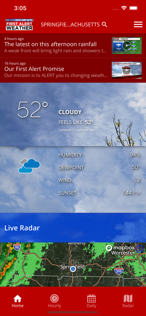 Western Mass News Weather - Western Mass News Weather app interface with local forecast and live radar map