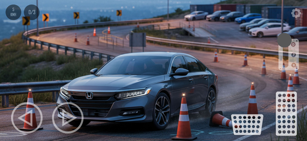 A grey sedan maneuvering through orange traffic cones in a realistic driving simulator game.