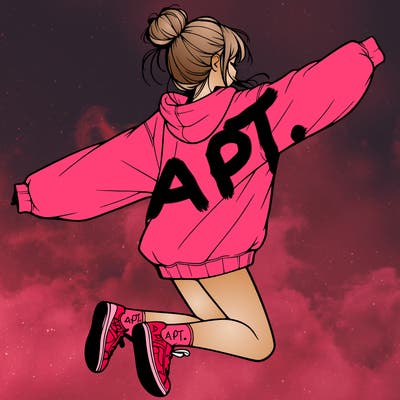 realistic girl jumping with a bun and oversized sweatshirt