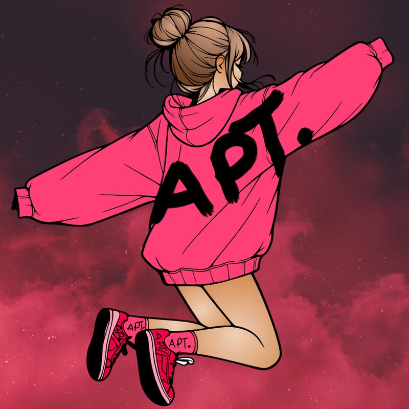 realistic girl jumping with a bun and oversized sweatshirt