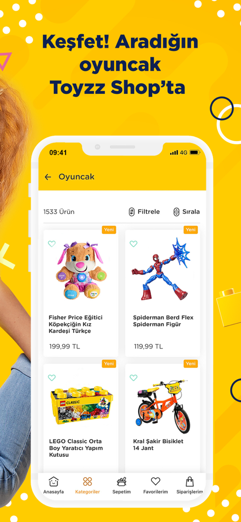 Interfaccia dell'app mobile Toyzz Shop che mostra una varietà di giocattoli tra cui LEGO e Spiderman con etichette di prezzo e filtri di categoria.