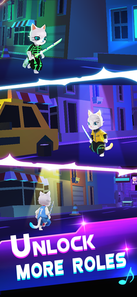 Blade Master : Beat The Music - A showcase of three different Sonic Cat skins in neon urban settings with the text Unlock More Roles