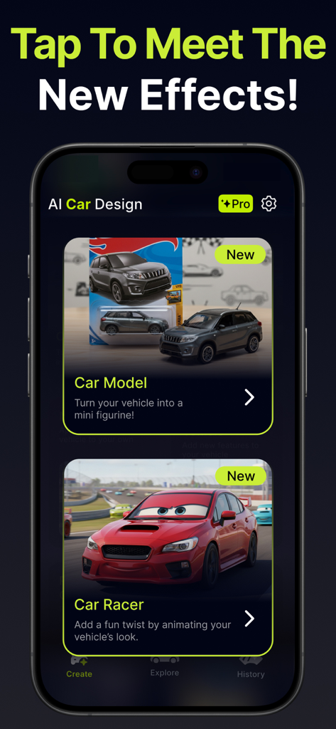 AI Car Designer Modify & Tune - Pantalla de la aplicación AI Car Designer con nuevos efectos como Modelo de Coche y Corredor de Coche para la personalización del vehículo
