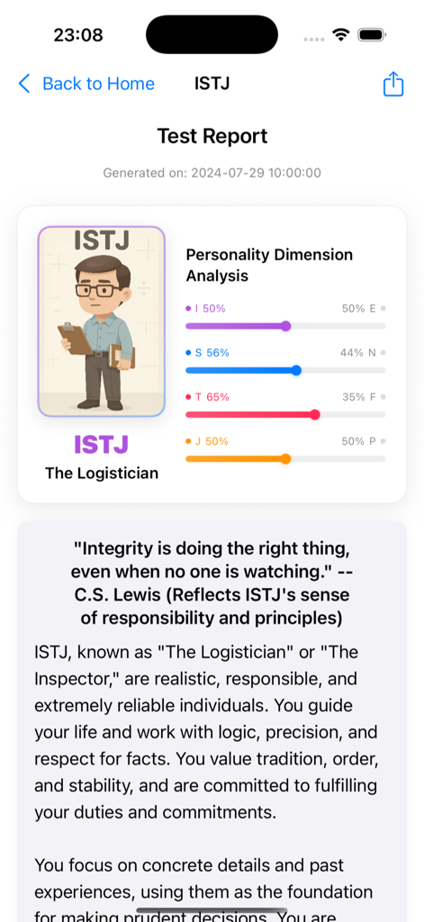 HoopMBTI app screen showing an ISTJ personality test report for The Logistician with trait analysis and description