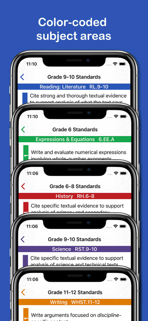 Common Core Pocket - Common Core Pocket app showing color coded subject areas including Reading History Science and Writing