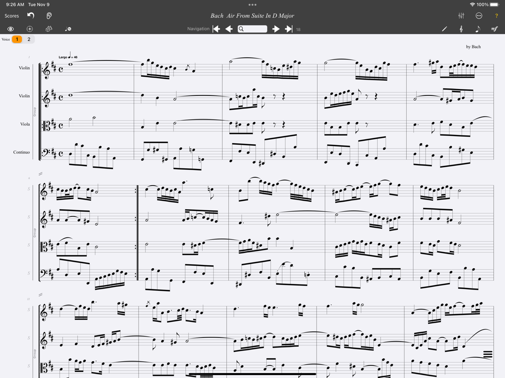MusicJOT - MusicJOT App-Oberfläche mit einer Orchesterpartitur mit mehreren Systemen auf einem iPad