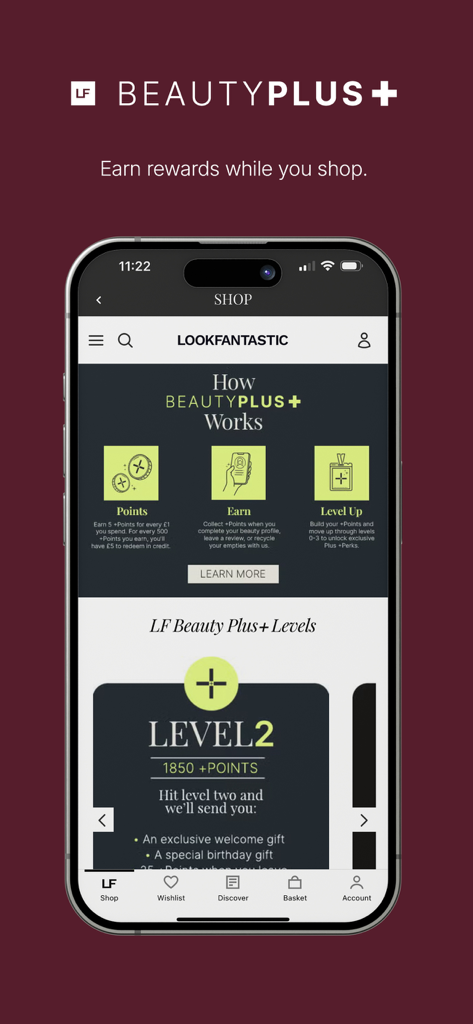 LOOKFANTASTIC: Beauty & Makeup - Pantalla de la aplicación LOOKFANTASTIC explicando el programa de recompensas BeautyPlus y los niveles de membresía
