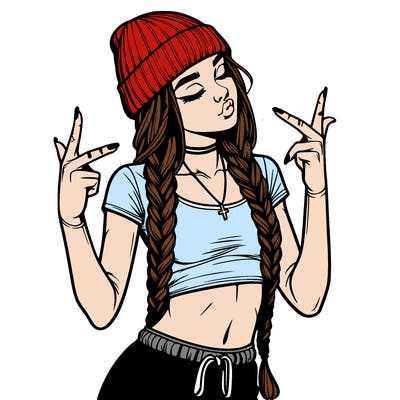 realistic teenage girl with braids and a beanie and crop top doing 🫶🏼