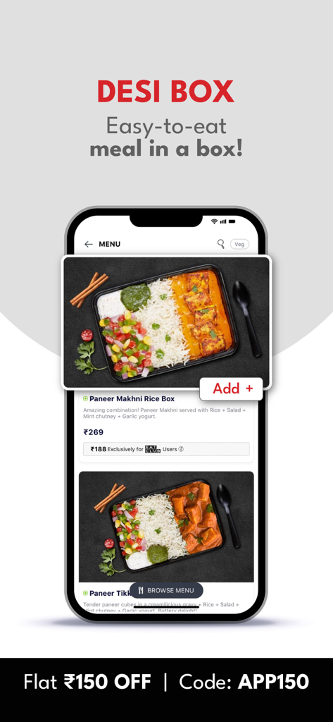 BOX8: Food Delivery App - BOX8 food delivery app interface showing a Paneer Makhni Rice Box and a promotional discount code.