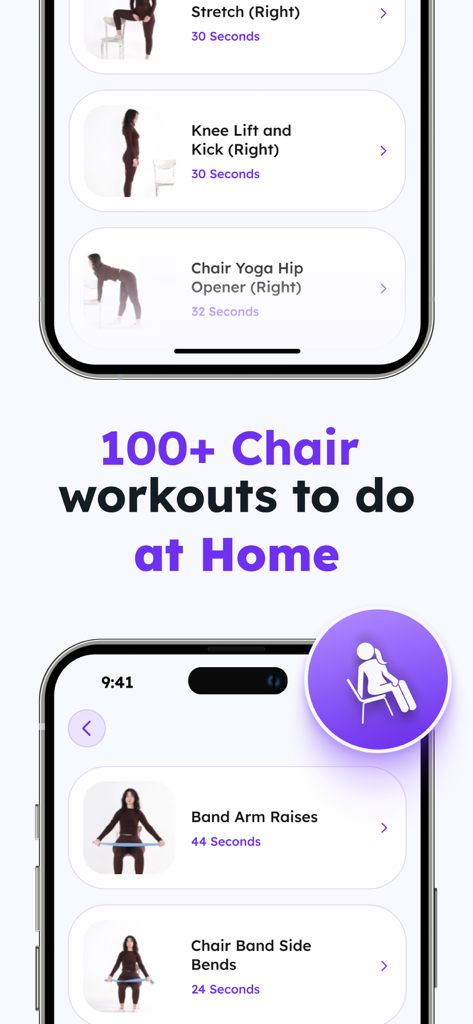 Chair Yoga for Seniors - Interfaz de aplicación móvil que muestra una lista de ejercicios de yoga en silla y con bandas de resistencia para que las personas mayores realicen en casa.