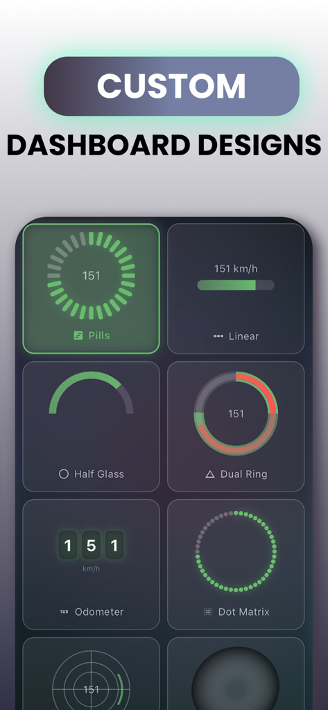A menu showcasing different custom dashboard designs for the Speedometer GPS app including linear and odometer styles.