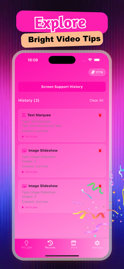 KisChatアプリのインターフェース。テキストマーキーと画像スライドショーの作成履歴を表示します。