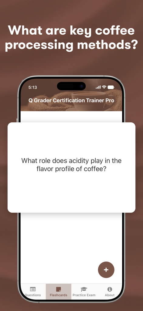 Flashcard in the Q Grader Trainer Pro app asking about the role of acidity in coffee flavor profile.