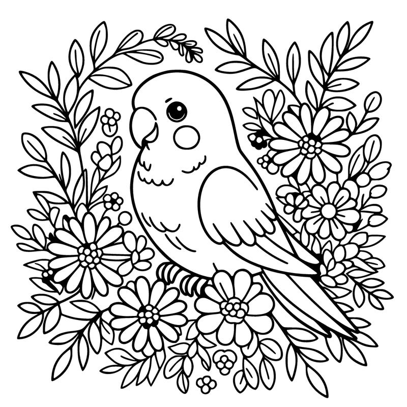 lovebird parrot surrounded by flowers