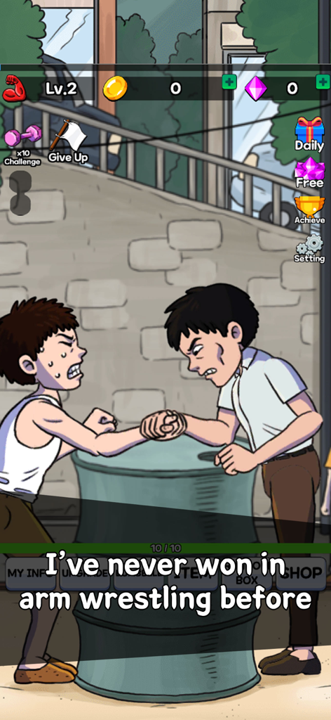 An arm wrestling match between two cartoon characters over a barrel in the Arm Wrestling Clicker game.