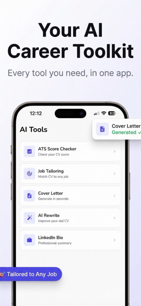 Resume Builder, CV Maker, ATS - Smartphone displaying the RZME AI career toolkit menu with features for ATS scoring and job tailoring