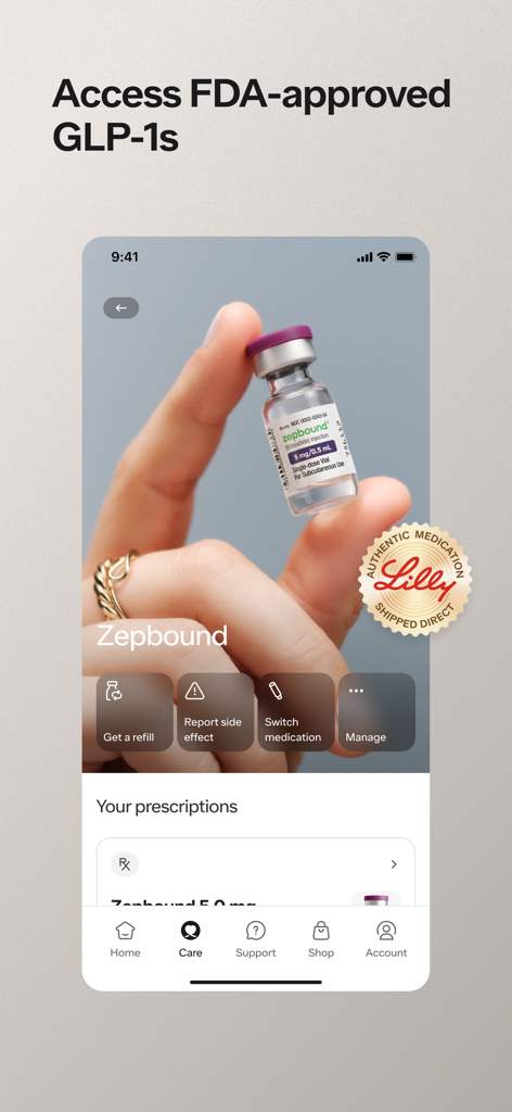 Interfaz de la aplicación Ro para gestionar medicamentos GLP-1 aprobados por la FDA como Zepbound