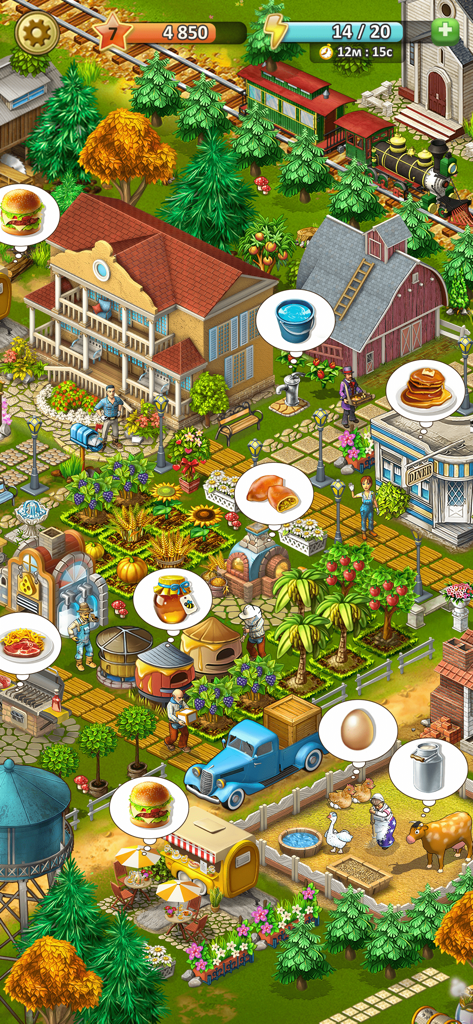 Janes Farm: Family farmer land - Una vibrante vista cenital de una granja bulliciosa con una casa de campo, un granero, cultivos, animales y varios iconos de producción de alimentos.