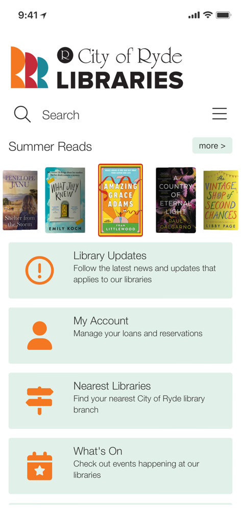City of Ryde Libraries - Home screen of the City of Ryde Libraries app featuring a search bar, book recommendations, and account management options.