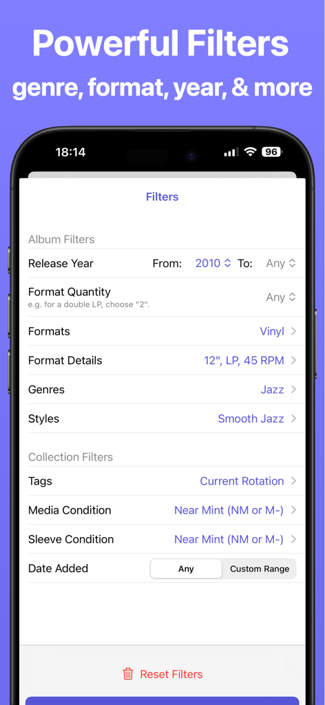 VinylBox 앱 스크린샷: 장르, 형식, 상태별 바이닐 레코드 컬렉션 정리를 위한 강력한 필터 표시