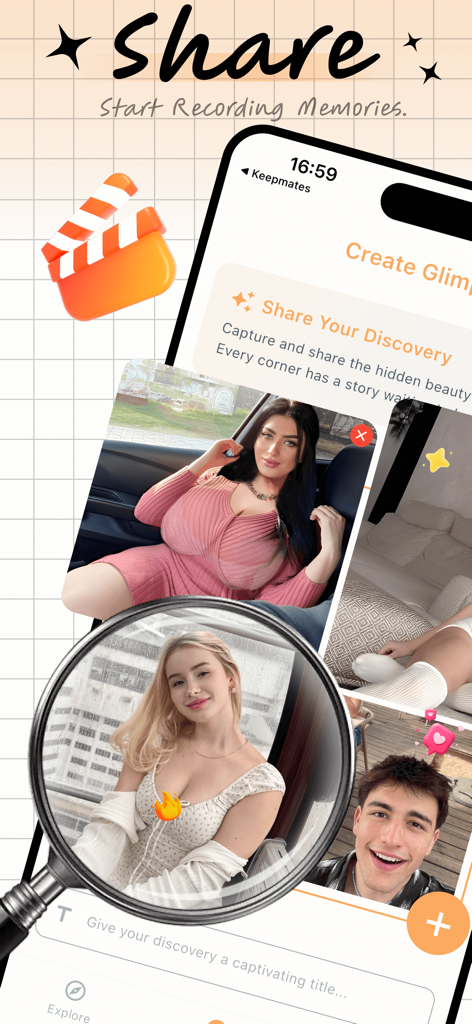 The share discovery screen of the Cilo app featuring a photo collage of urban explorers and a text field to add a title.