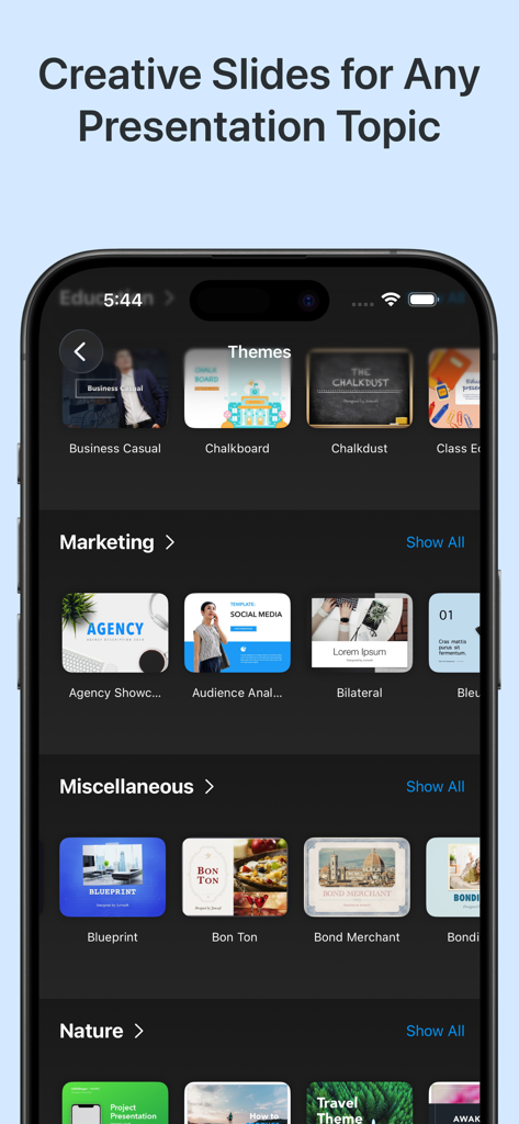 iPhone-Oberfläche mit verschiedenen professionellen Keynote-Präsentationsvorlagen und Kategorien wie Marketing und Natur