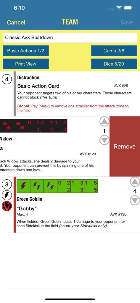 Sidekick for Dice Masters - Team management screen in Sidekick for Dice Masters showing card details and dice counts