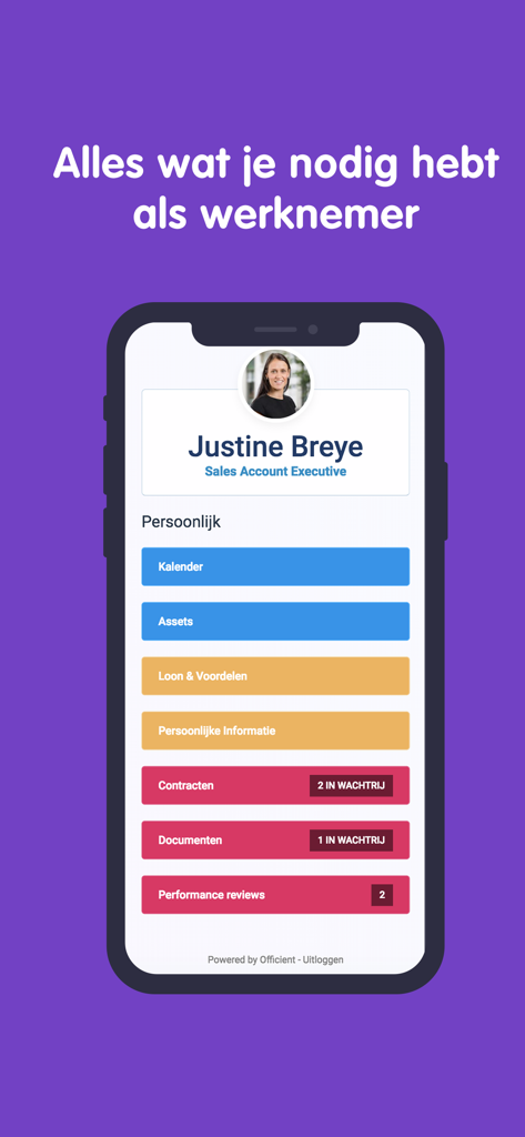 Officient - Officientモバイルアプリのダッシュボード。従業員プロフィールと、カレンダー、資産、給与のメニューオプションが表示されます。