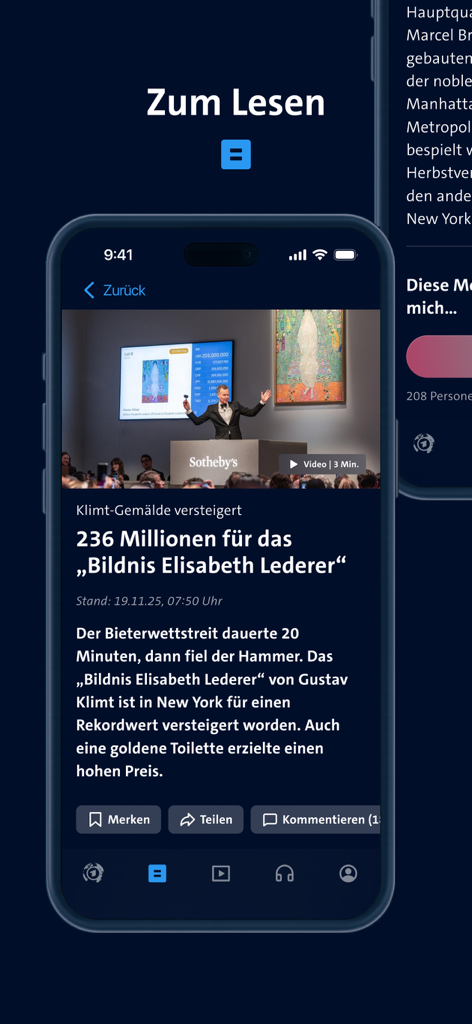Tagesschau app interface showing a news article about an art auction in dark mode.