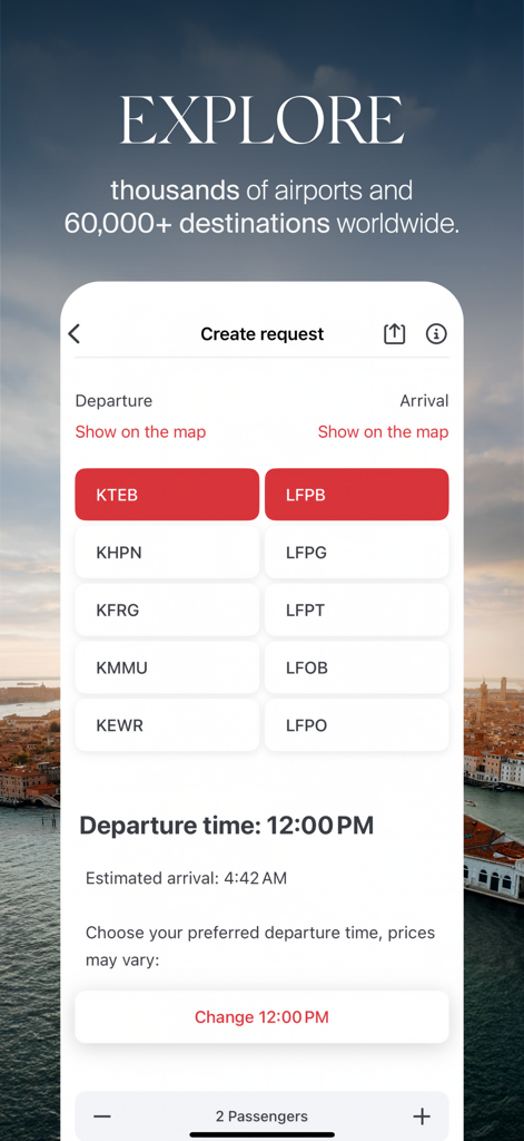 XO - Book a Private Jet - XO app interface for creating a private jet flight request between global destinations.