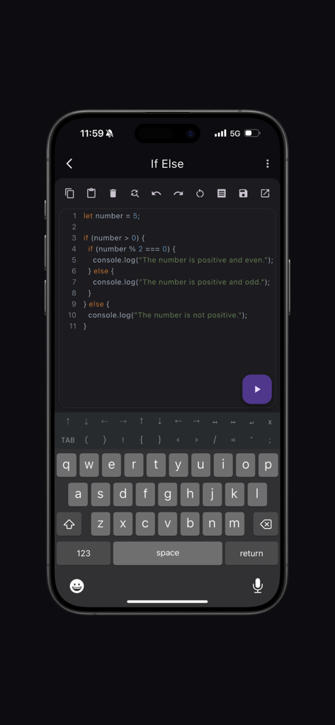 Interface mobile de JavaScript Compiler Pro montrant un éditeur de code avec coloration syntaxique et un agencement de clavier de programmation