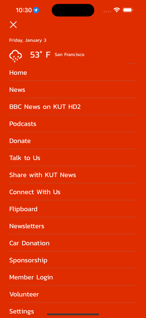 KUT News 90.5 - A red navigation menu of the KUT News app featuring options for News, Podcasts, and Member Login.