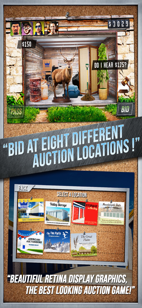 Auction Wars : Storage King - バレー・ストレージやアメリカナ・オークショニアーズのような様々なオークション場所を選択するメニューと、ストレージユニットでの入札バトルを示すゲーム画面。