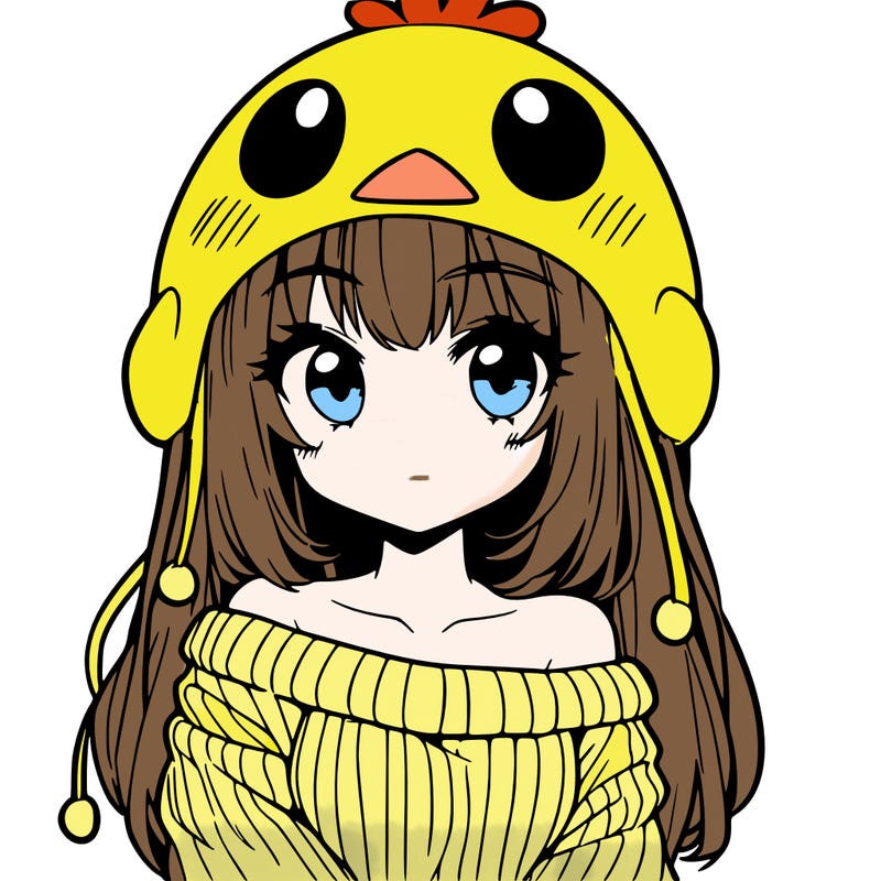anime girl with chick shaped hat with sweater with bare shoulders with bangs covering them one eye with low tail