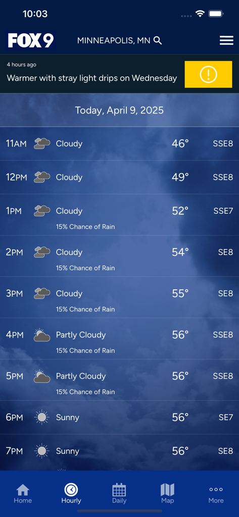 Hourly weather forecast for Minneapolis on the FOX 9 app showing temperature and sky conditions.