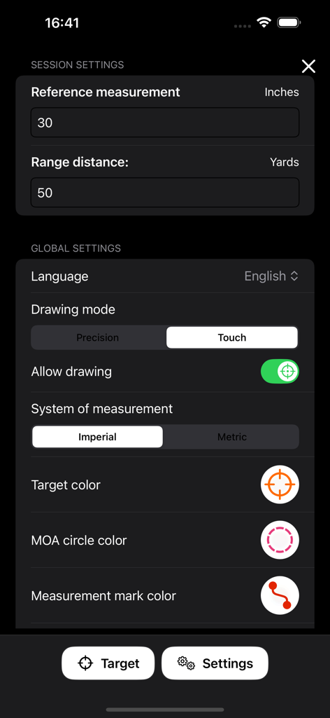 La pantalla de configuración de la aplicación MOA RangeR que muestra opciones de configuración para mediciones de tiro